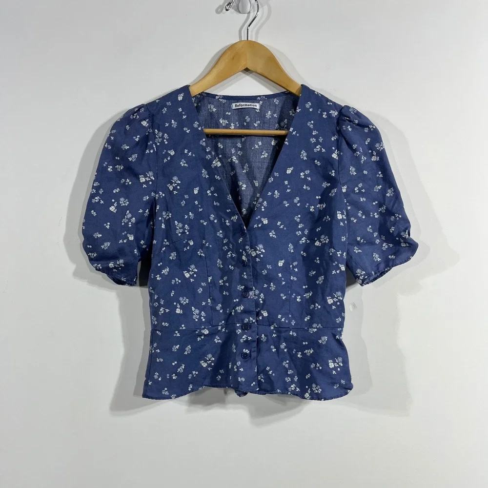 Reformation Cottagecore Feminine Floral Button Front Puff Sleeve Blouse Size 4